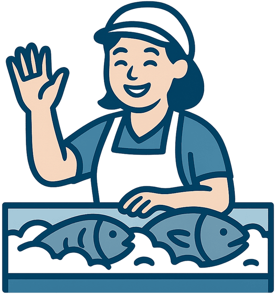 Ilustración de un pescadero sonriente con delantal y gorra, que saluda de pie detrás de un mostrador con dos pescados en hielo.